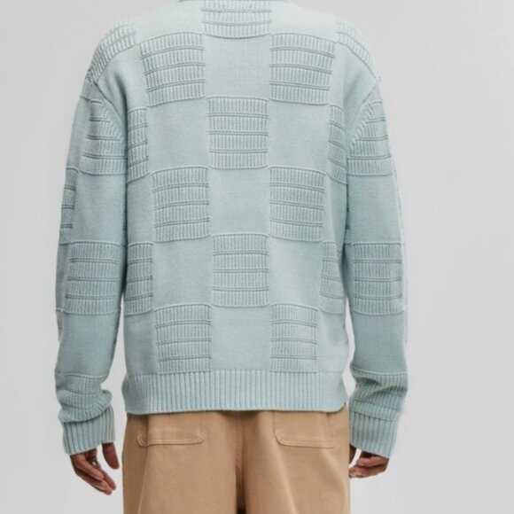 Mode of One Men's Long-Sleeve Relaxed-Fit Textured Check Sweater Blue Fin XXL - Picture 2 of 6